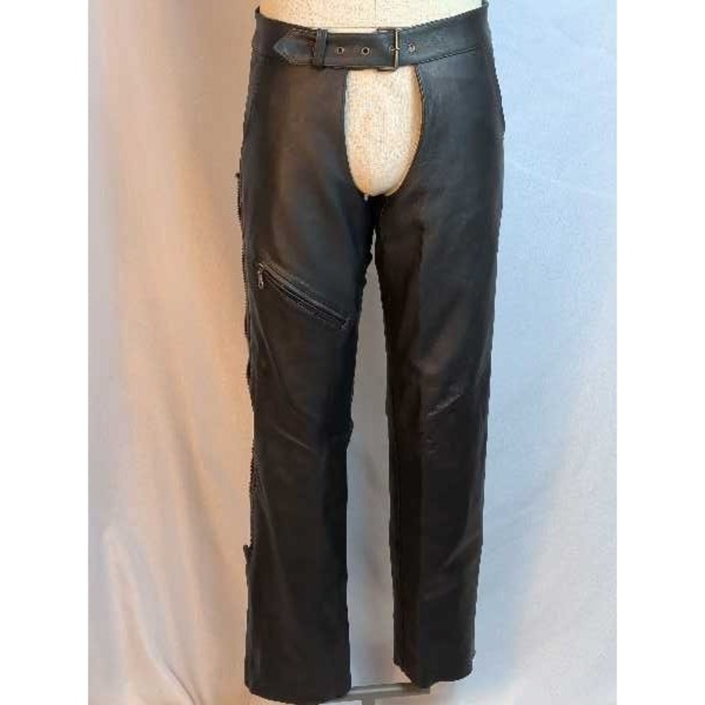 Red Wing Leather Motorcycle Chaps Mens Large Black Biker Riding Pants Belted